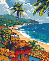 Vibrant Brazilian Beach Scene: Watercolor Painting with Houses and Palm Trees