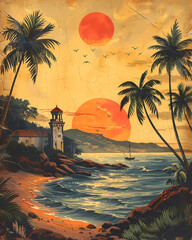 Detailed historical Mozambique label template with beach, palm trees, lighthouse, vibrant painting, vintage, sketch style