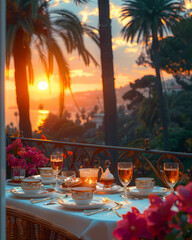 Exquisite Afternoon Tea Dreamscape in Vibrant Sunset Hues, Showcasing Art and Realism