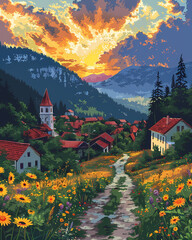 Framed Acrylic Painting of Vibrant Romanian Village Scene with Colorful Flowers and Majestic Mountains