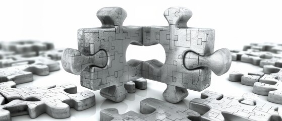 A group of puzzle pieces laid out on a table with one piece conspicuously missing, creating a gap in the completed image