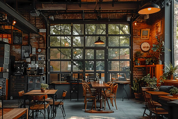 Modern Industrial Restaurant Interior with Minimalist Art Decor, Highlighting Artistic Painting, Spacious Room, Tables, Chairs, Large Window, Vibrant Colors