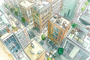 Futuristic Cityscape Skyline Hand-Drawn Cartoon Illustration: High-Rise Buildings, Offices, Urbanization, Overhead Perspective, Vibrant Artwork, City Street