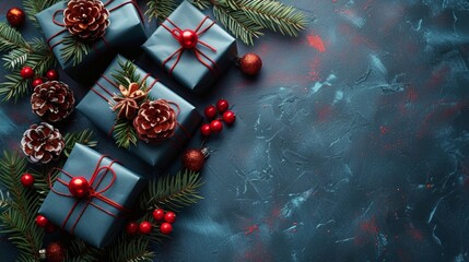 Three Wrapped Presents Surrounded by Christmas Decorations