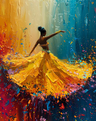 Immerse yourself in the vibrant embrace of a Brazilian carnival - an expressive painting featuring a woman in a golden gown