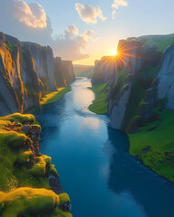 Icelandic Cliffs Art - River Landscape Painting, Europe, Vibrant Colors, Rocky Scenery, Nature Artwork