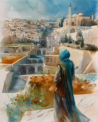 Vibrant Painting of a Cityscape with a Woman in a Blue Scarf, Depicting Modern Architecture, White Marble Buildings, and a Flower Garden in Traditional Figurative Art Style