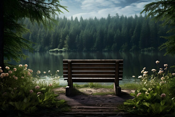A wooden bench is placed amidst trees and foliage in a dense forest setting.