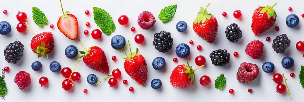 Aufkleber various fresh berries and raspberries arranged together on a plain white surface