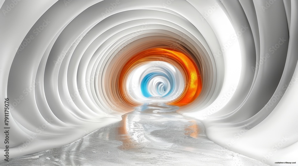 Poster a tunnel with white walls featuring swirling patterns in shades of blue and orange