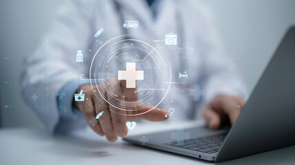 Health care and medical technology services concept. Medical worker using data virtual with health...