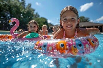A group of children having fun and playing together in a pool on a sunny day
