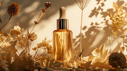High-End Allure of a Golden Skincare Bottle with Botanicals