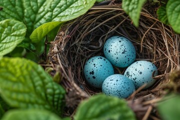 Naklejka na ściany i meble A group of blue eggs is neatly arranged and sitting inside a nest
