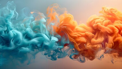 Contemporary art featuring vibrant aqua and tangerine smoke patterns. Concept Contemporary Art, Vibrant Colors, Aqua Smoke, Tangerine Patterns, Abstract Expressions - obrazy, fototapety, plakaty