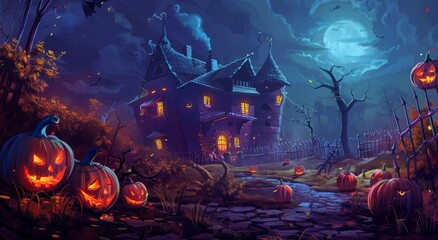 Spooky Halloween Scene With Pumpkins and Castle