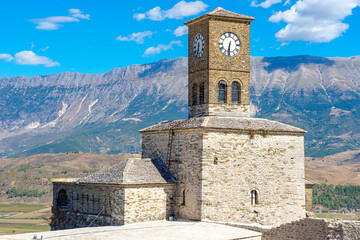 Building and clock tower built on top of Gjirokaster castle in Gjirokastner- Albania