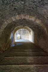 View inside a tunnel of the castle of Gjirokaster, architecture of the Ottoman empire.Girokaster-Albania.