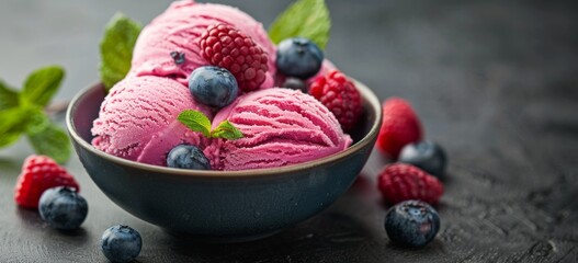Bowl of Ice Cream With Berries and Mint - Powered by Adobe