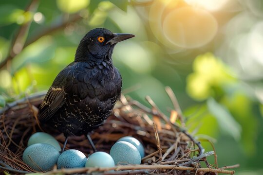 A black bird is perched on top of a nest filled with eggs, guarding and protecting its future offspring