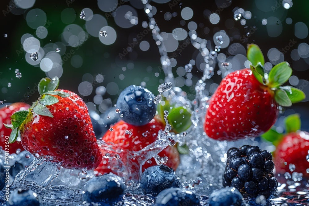 Aufkleber strawberries, blueberries, and raspberries are splashing in water, creating a vibrant and refreshing