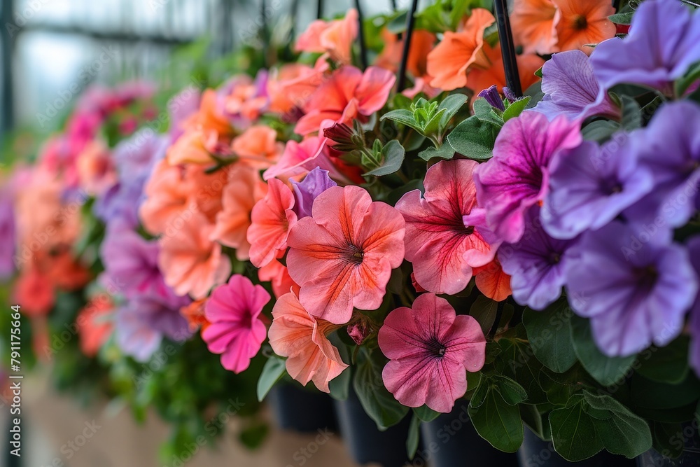 Poster a row of hanging petunia flower pots filled with vibrant and colorful flowers on display