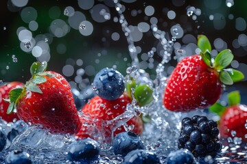 Strawberries, blueberries, and raspberries are splashing in water, creating a vibrant and refreshing image