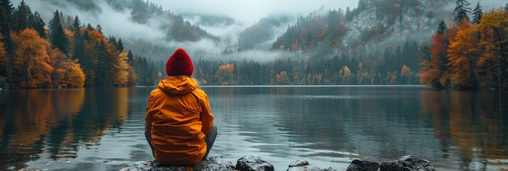 A person relaxes on a rock, gazing out at the calm waters of a lake - obrazy, fototapety, plakaty