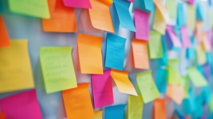 Closeup of a brainstorming session with various colorful sticky notes and markers tered across a whiteboard. Each note represents a different idea being shared and discussed highlighting .