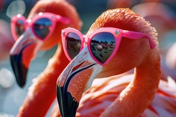 two flamingos  donning pink sunglasses - obrazy, fototapety, plakaty