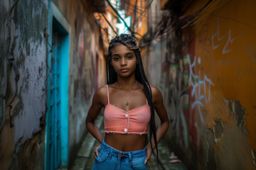 Woman in a pink top and blue jeans stands in a narrow alleyway