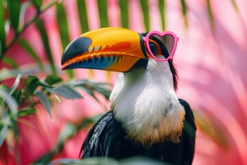 Fototapeta premium A vibrant toucan bird adorned with pink sunglasses