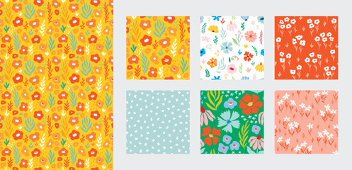 Floral seamless pattern set, trendy graphic digital papers with botanical elements, flowers, leaves for your design. Hand drawn collection.