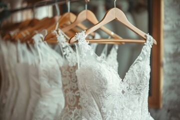 A row of elegant wedding dresses hanging on a clothing rack in a bridal boutique