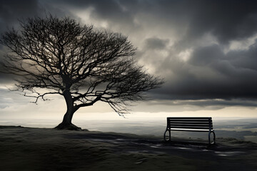 Solitary tree and bench overlooking a vast landscape under a stormy sky at dusk
