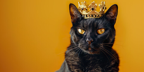 Black cat with golden crown on yellow background