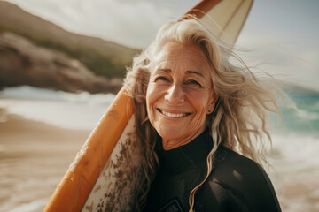 A senior woman with grey hair holding a surfboard on a beach. Active lifestyle and retirement