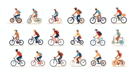 Collection of people riding bicycles of various typ - obrazy, fototapety, plakaty