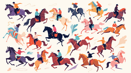 Collection of people riding horses. Bundle of cute