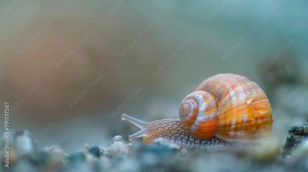 Poster a blurred closeup of a small snails shell revealing a thin layer of deteriorating shell and an expos