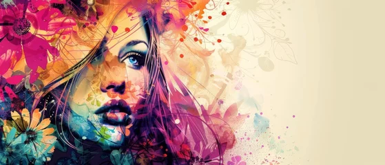 Gordijnen Cool Abstract Graphic Portrait of Model with Elements Background Wallpaper © Tejay