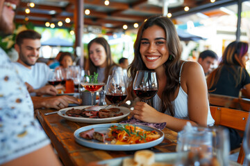 Woman is smiling and holding a wine glass in front of a table with food - Powered by Adobe