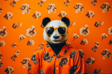 a happy panda in an orange shirt. Hot summer mood.
