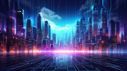 Abstract cyber cityscape with neon lights and digital billboards
