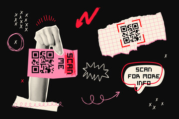 Hand with QR code. Scribble, torn paper, speech bubble, arrow. Halftone collage. Modern cut out banner. Trendy vintage mixed media design. Retro Y2K magazine elements. Contemporary aesthetic.