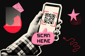 Hand with smartphone with QR code on screen. Scribble, torn paper, arrow. Contemporary halftone dot style. Modern cut out collage banner. Trendy vintage mixed media design. Retro Y2K zine element.