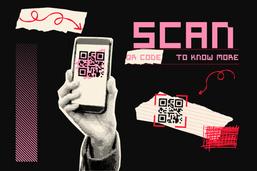 Hand with smartphone with QR code on screen. Scribble, torn paper, arrow. Contemporary halftone dot style. Modern cut out collage banner. Trendy vintage mixed media design. Retro Y2K zine element. 