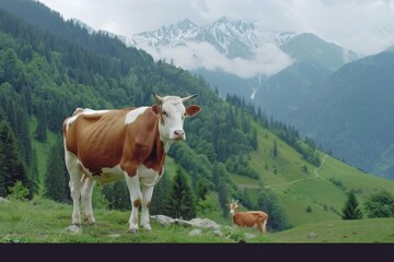 Fototapeta na wymiar Cow goat pasture in a field ecological local farm no cruelty animal safety happiness herd flock milk eco environment sustainability humanity agriculture green forest meadows mountains grass land
