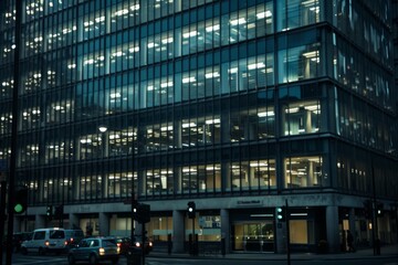 Obraz premium Modern office building windows lit in evening night early morning long working hours exhaustion overtime exterior urban architecture skyscraper lights tower financial sector banking hq headquarters