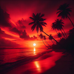 Evening with Colorful Red, Orange Sunset Sky on a Cloudy Tropical Beach with Palm Trees...